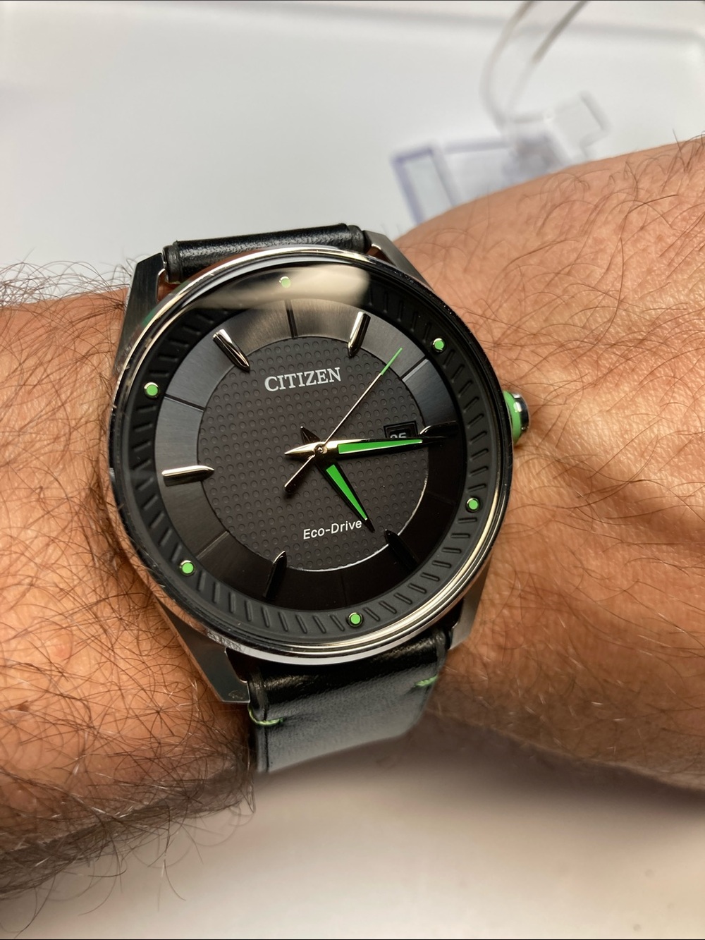 Citizen Eco Drive E111-S108659 black and green watch, leather strap, stainless